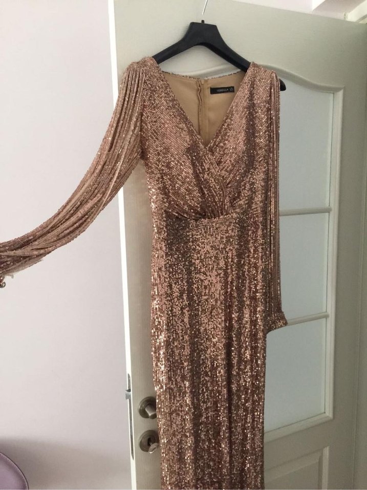 Bej Drapeli Uzun Abiye Elbise M-38-40Beden - Görsel 3