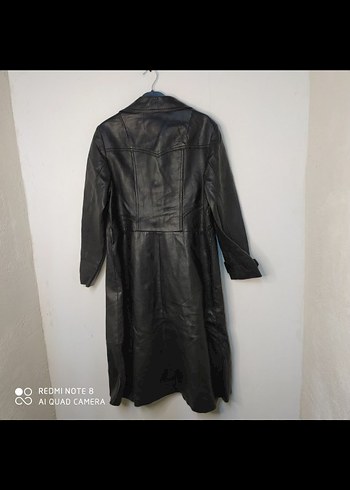 Düğmeli Siyah Deri Uzun Ceket - Görsel 5