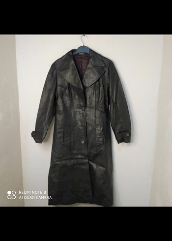 Düğmeli Siyah Deri Uzun Ceket - Görsel 2
