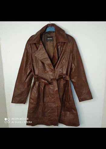 Kahverengi Kemerli Uzun Kadın Deri Ceket - Görsel 2