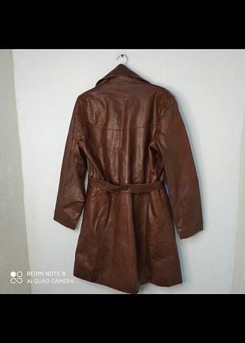 Kahverengi Kemerli Uzun Kadın Deri Ceket - Görsel 5