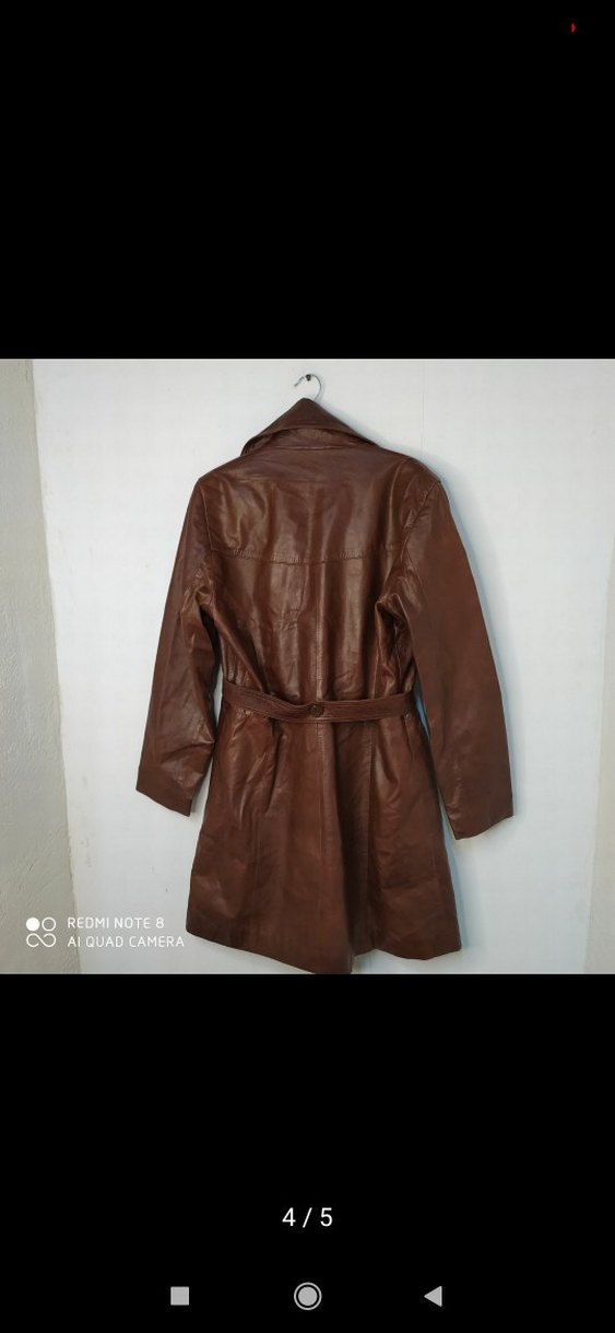Kahverengi Kemerli Uzun Kadın Deri Ceket - Görsel 4