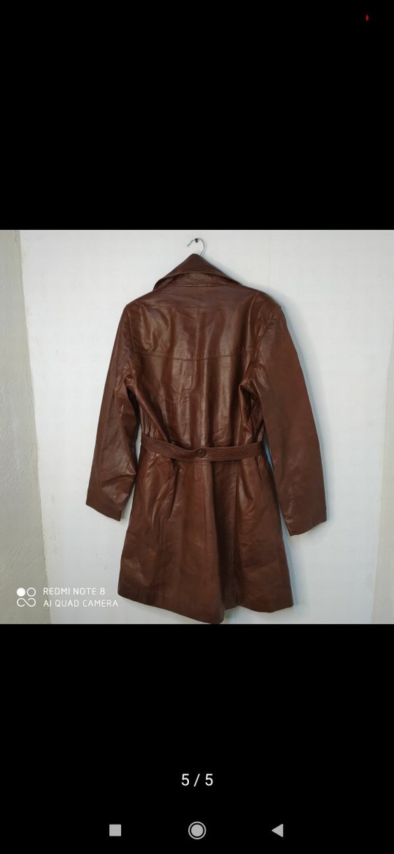 Kahverengi Kemerli Uzun Kadın Deri Ceket - Görsel 5