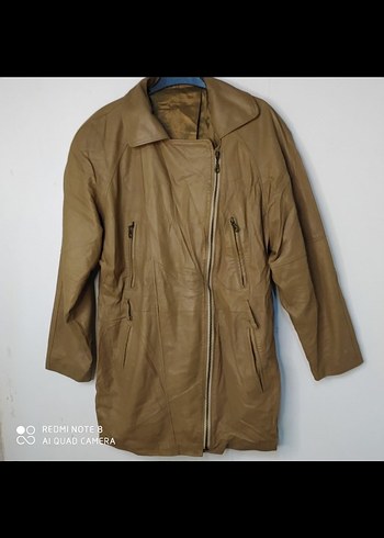 Bej Kadın Deri Ceket, Kemerli, Midi Boy - Görsel 3