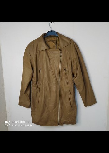 Bej Kadın Deri Ceket, Kemerli, Midi Boy - Görsel 2