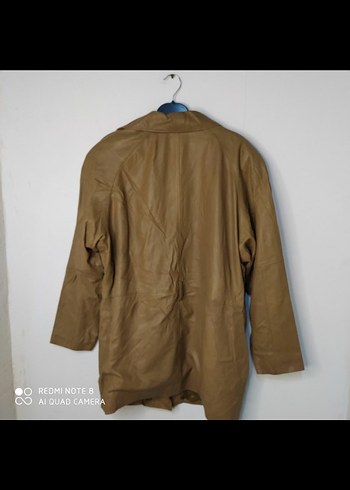 Bej Kadın Deri Ceket, Kemerli, Midi Boy - Görsel 5