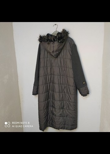 Gri Uzun Kadın Kışlık Mont Kürklü Kapüşonlu - Görsel 4