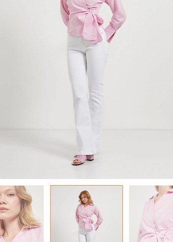 Pembe V Yaka Uzun Kollu Kadın Gömlek - Görsel 2