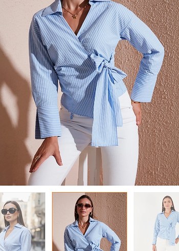 Çizgili Kuşaklı Kadın Gömlek - Görsel 2