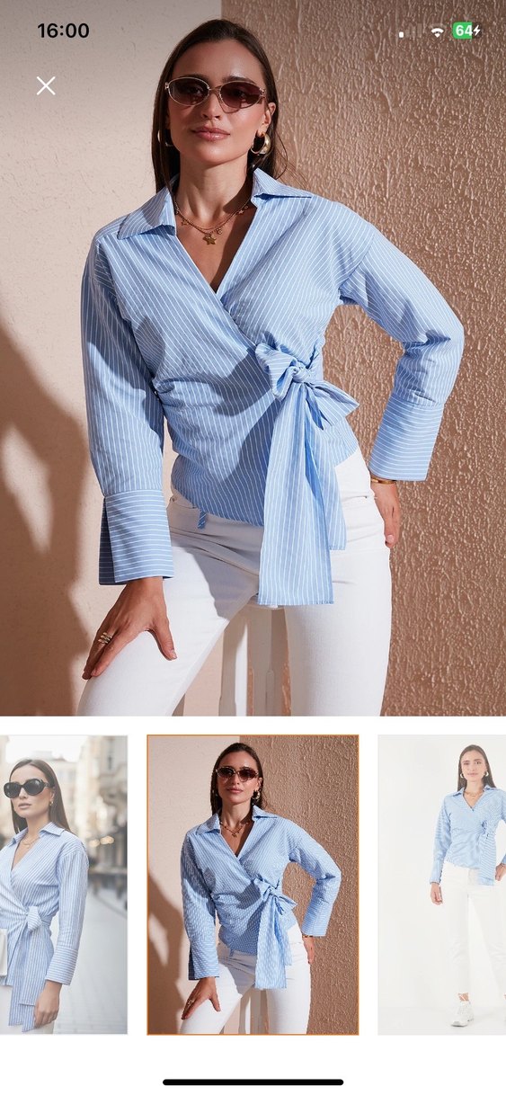 Çizgili Kuşaklı Kadın Gömlek - Görsel 2