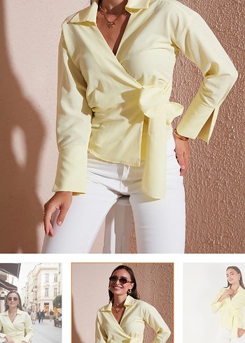 Sarı Düğmeli V Yaka Kadın Gömlek - Görsel 2