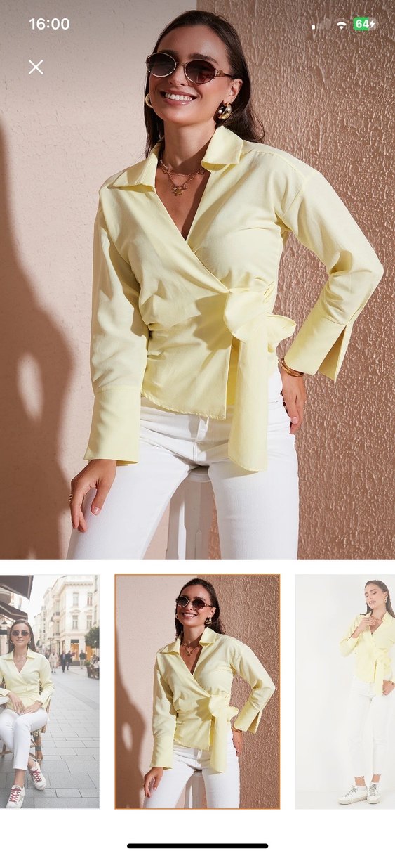 Sarı Düğmeli V Yaka Kadın Gömlek - Görsel 2