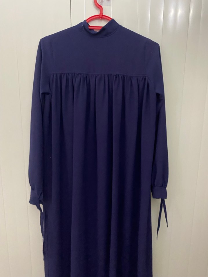 Lacivert Uzun Kollu Tesettür Elbise - Görsel 4