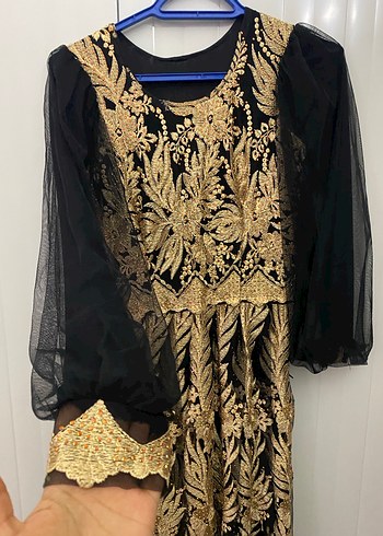 Uzun Kollu Altın Nakışlı Bohem Kadın Elbise - Görsel 2