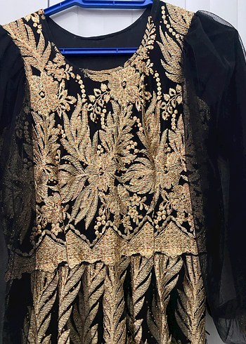 Uzun Kollu Altın Nakışlı Bohem Kadın Elbise - Görsel 3