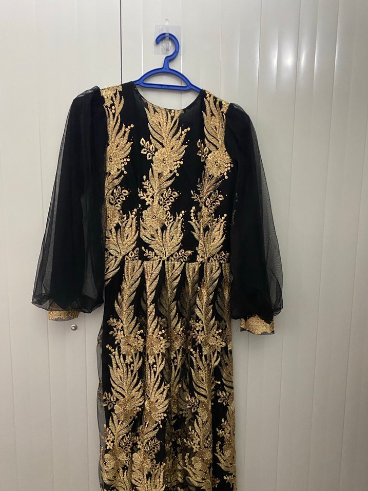 Uzun Kollu Altın Nakışlı Bohem Kadın Elbise - Görsel 4