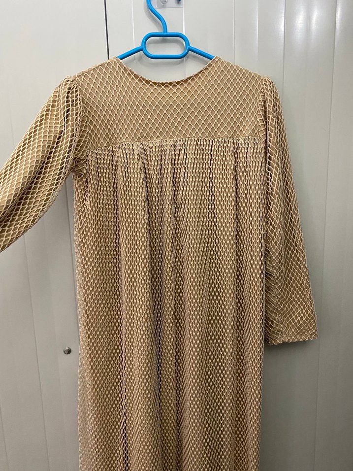 Bej Piliseli Uzun Kollu Bohem Elbise - Görsel 3