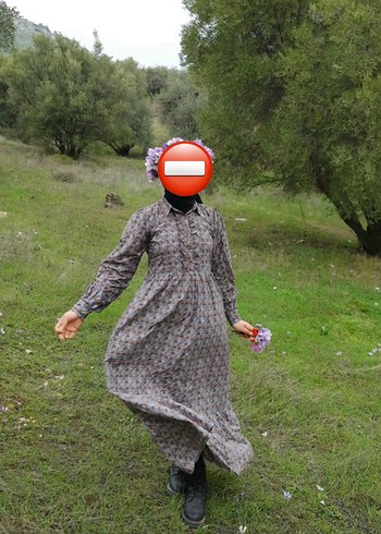 Düğmeli Gri Bohem Uzun Kollu Elbise - Görsel 7