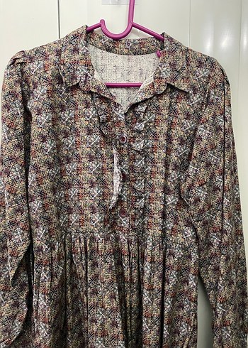 Düğmeli Gri Bohem Uzun Kollu Elbise - Görsel 3