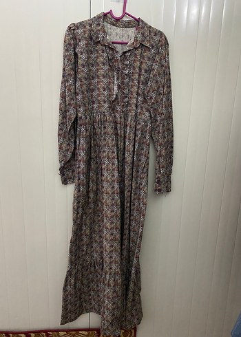 Düğmeli Gri Bohem Uzun Kollu Elbise - Görsel 2