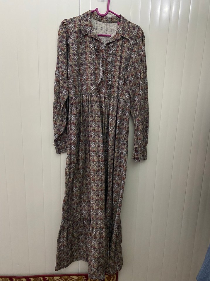 Düğmeli Gri Bohem Uzun Kollu Elbise - Görsel 2