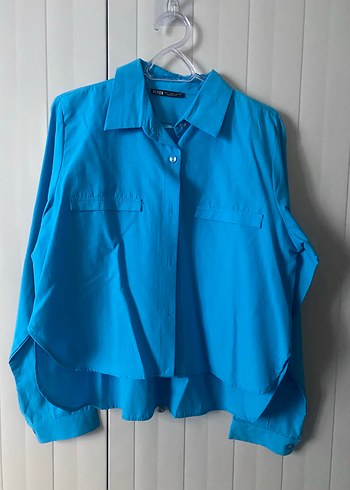 Mavi Düğmeli Keten Kadın Gömlek - Görsel 3