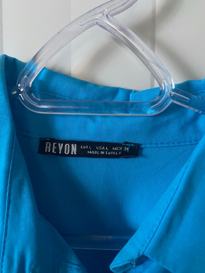 Mavi Düğmeli Keten Kadın Gömlek - Görsel 2