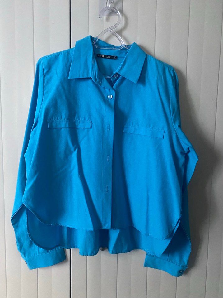 Mavi Düğmeli Keten Kadın Gömlek - Görsel 3