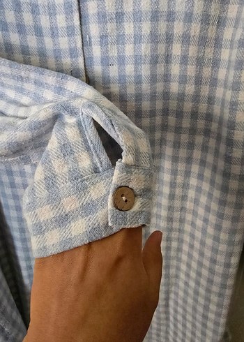 Düğmeli Uzun Kollu Mavi Ekose Keten Gömlek - Görsel 4