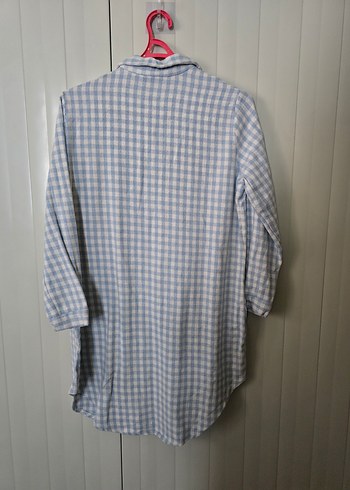 Düğmeli Uzun Kollu Mavi Ekose Keten Gömlek - Görsel 2