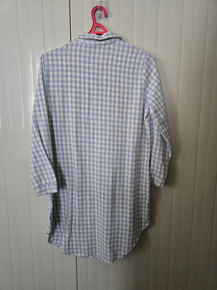 Düğmeli Uzun Kollu Mavi Ekose Keten Gömlek - Görsel 2