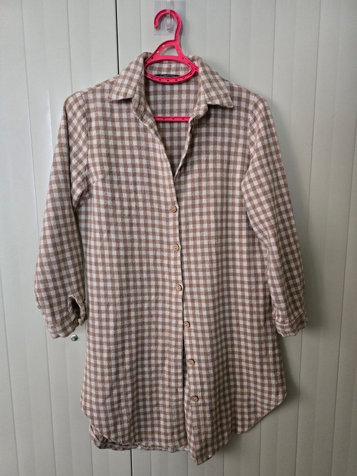 Bej Uzun Kollu Midi Kadın Gömlek - Görsel 2