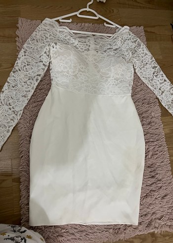 Beyaz Dantel Midi Straplez Elbise - Görsel 4