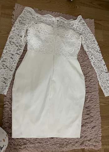 Beyaz Dantel Midi Straplez Elbise - Görsel 6