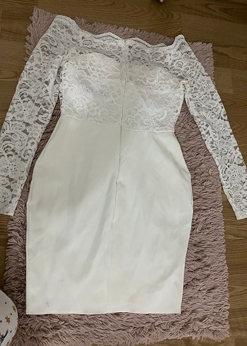 Beyaz Dantel Midi Straplez Elbise - Görsel 5