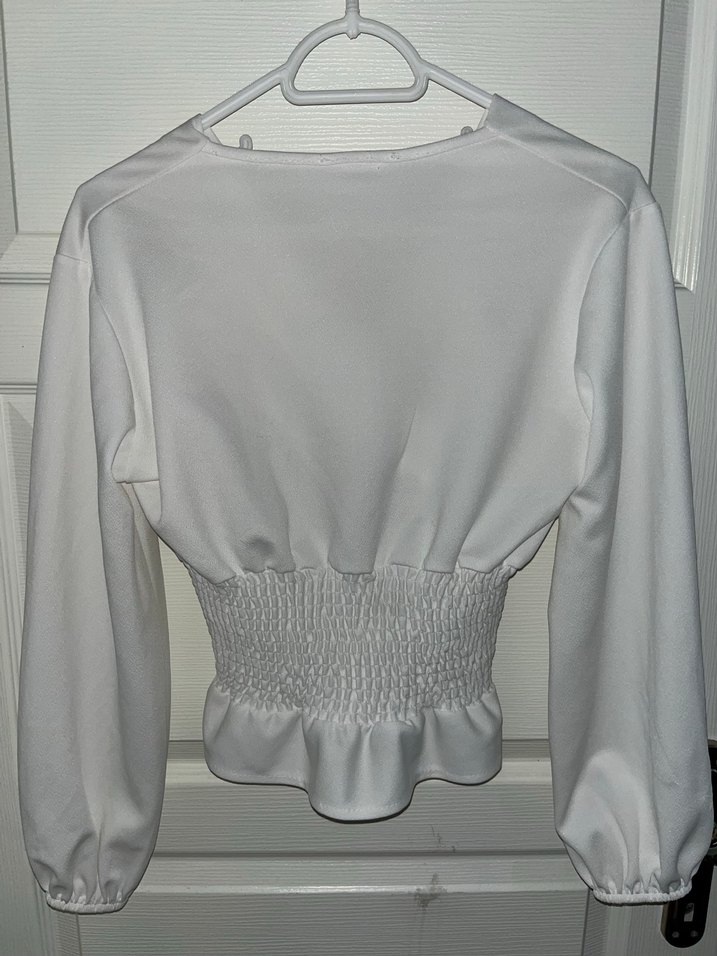 Beyaz V Yaka Uzun Kollu Kadın Bluz - Görsel 2