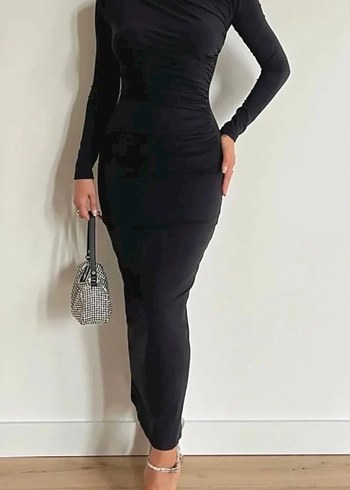 Uzun Siyah Drapeli Kadın Elbise - Görsel 2