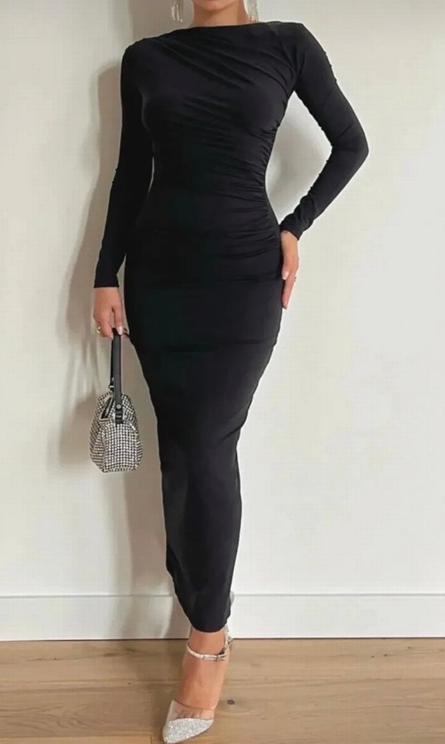 Uzun Siyah Drapeli Kadın Elbise - Görsel 2