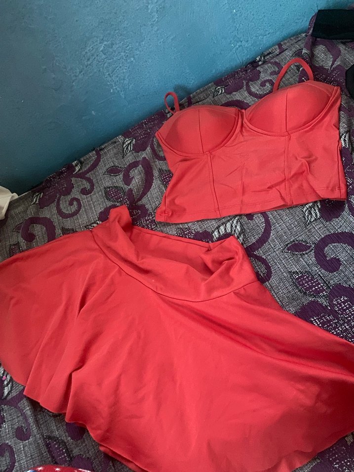 Kırmızı Mini Fırfırlı İpli Kadın etekli takım - Görsel 2