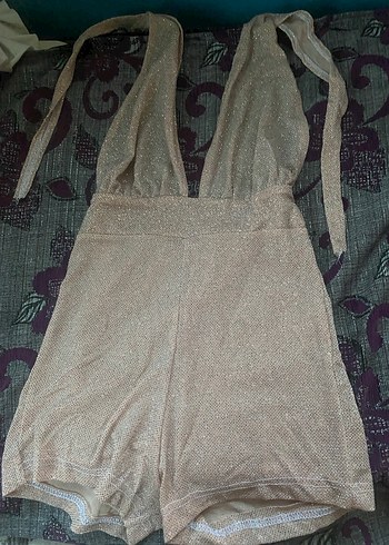 Parlak Bej Mini V Yaka Kolsuz Elbise - Görsel 2