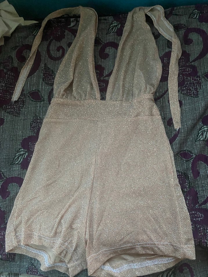 Parlak Bej Mini V Yaka Kolsuz Elbise - Görsel 2