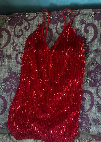 Kırmızı Payetli kısa  Abiye Elbise - Görsel 2