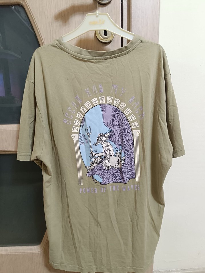 Bej Pamuklu Oversize Baskılı Erkek Tişört - Görsel 2