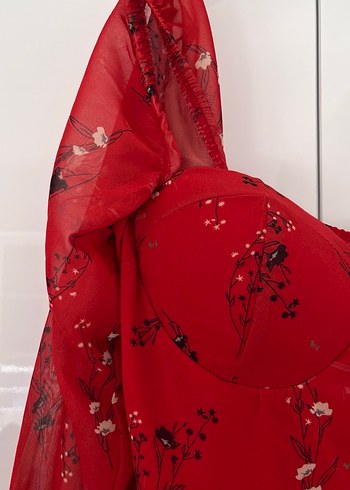 Kırmızı Straplez Midi Elbise - Görsel 3