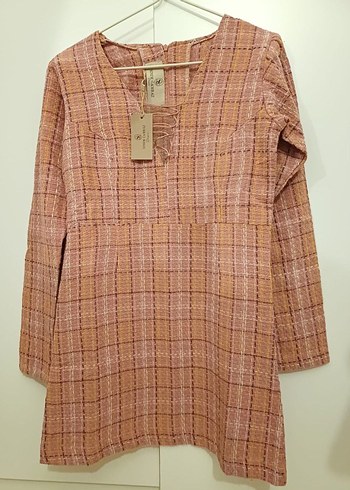 Bej Ekose Desenli Designer Elbise - Görsel 3