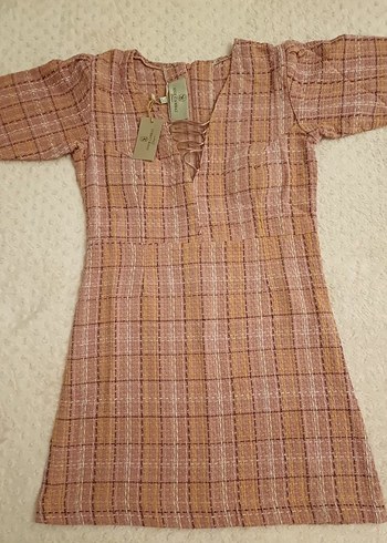 Bej Ekose Desenli Designer Elbise - Görsel 2