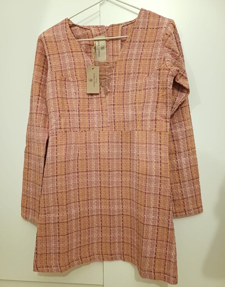 Bej Ekose Desenli Designer Elbise - Görsel 3