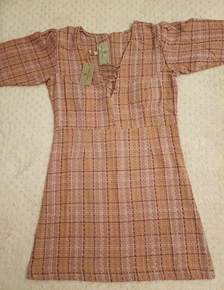 Bej Ekose Desenli Designer Elbise - Görsel 2