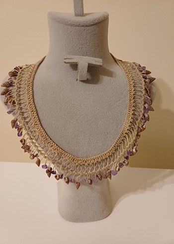 Bej İşlemeli Boncuklu Bohem Kolye - Görsel 3