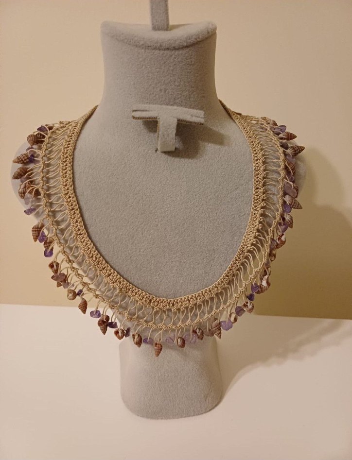 Bej İşlemeli Boncuklu Bohem Kolye - Görsel 3